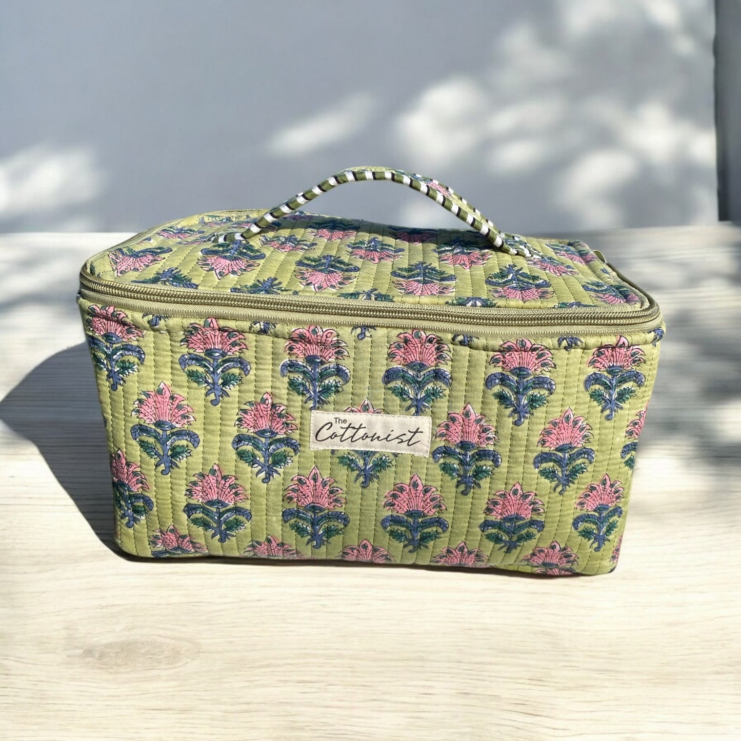 Moss green and Pink booti Handblock printed cosmetic bag / Travel Kit