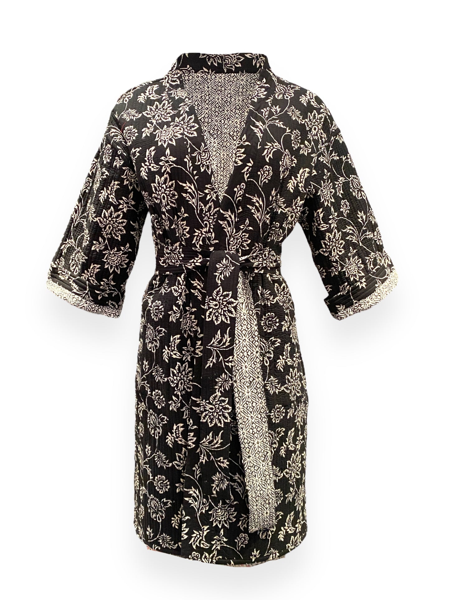 Black & White Chint handblock print Reversible Quilted Kimono robe