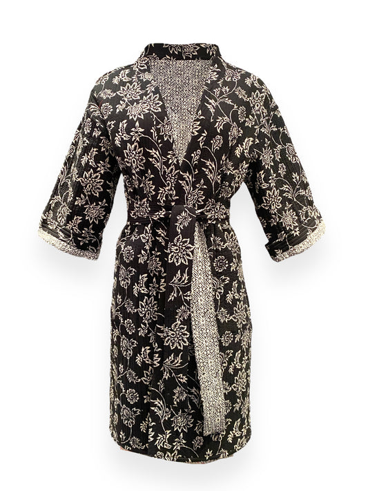 Black & White Chint handblock print Reversible Quilted Kimono robe
