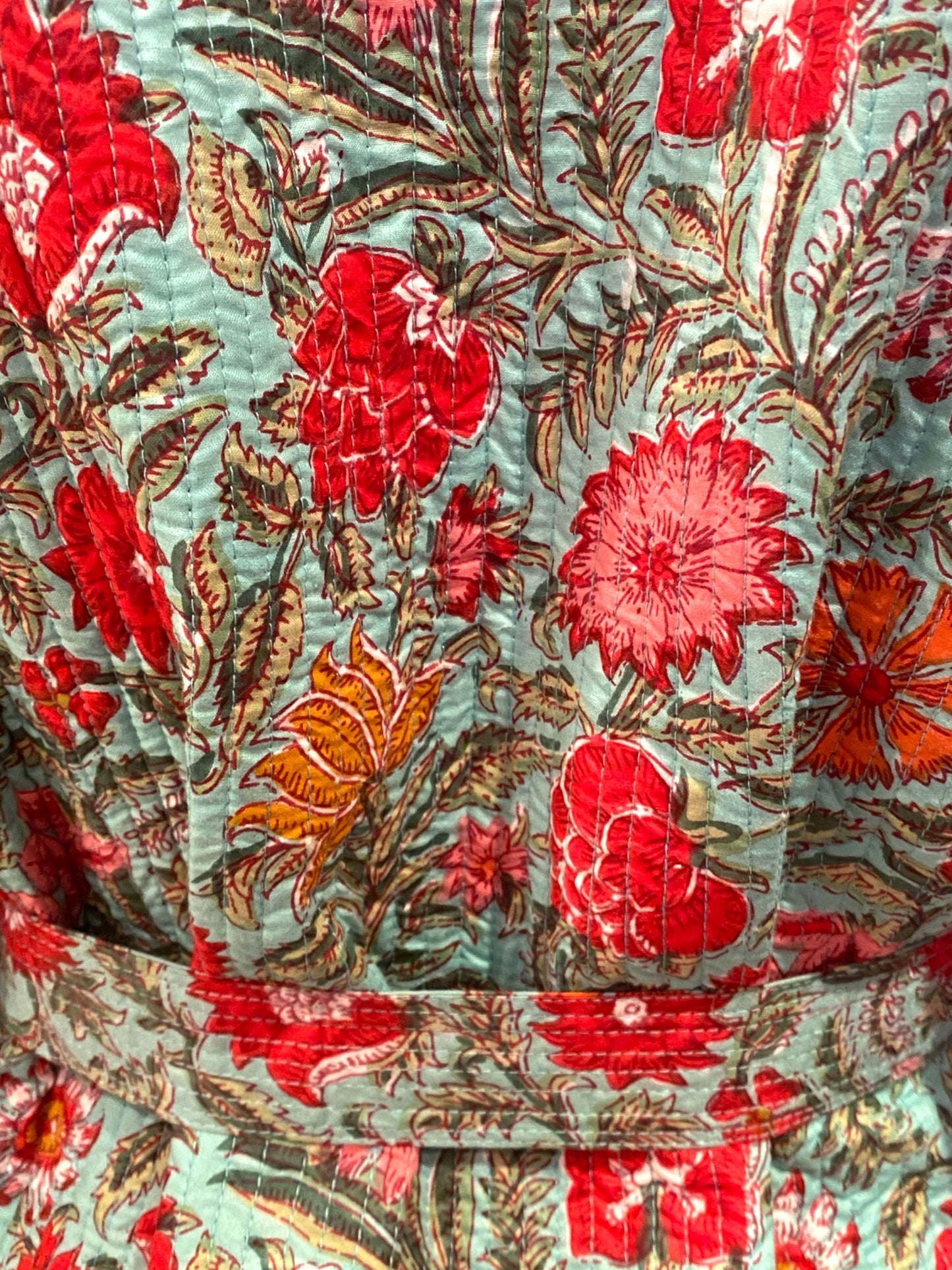 Sea green and red blooms handblock print short quilted jacket.