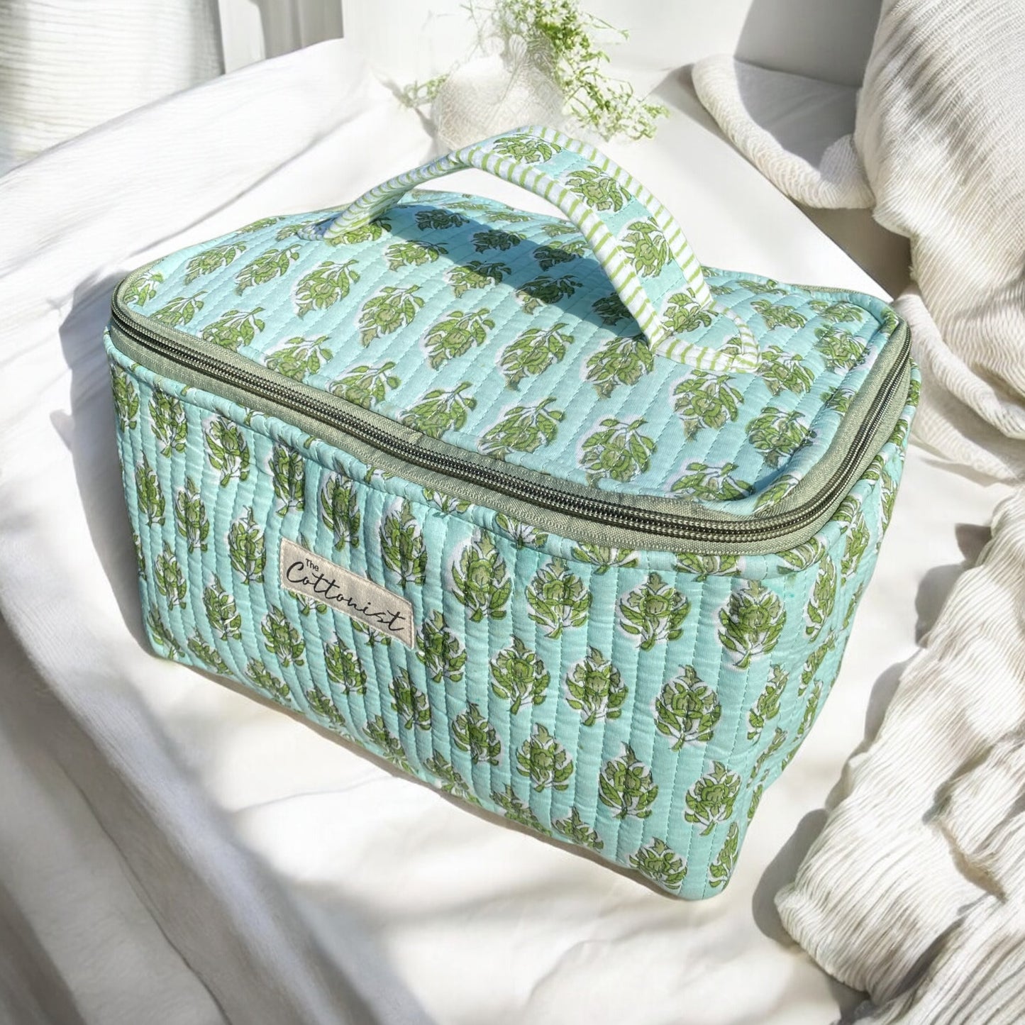 Mint Green Booti Handblock printed cosmetic bag \ Travel kit