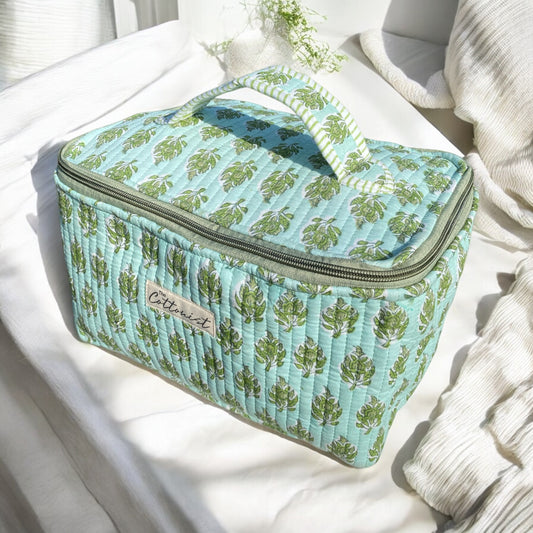 Mint Green Booti Handblock printed cosmetic bag \ Travel kit