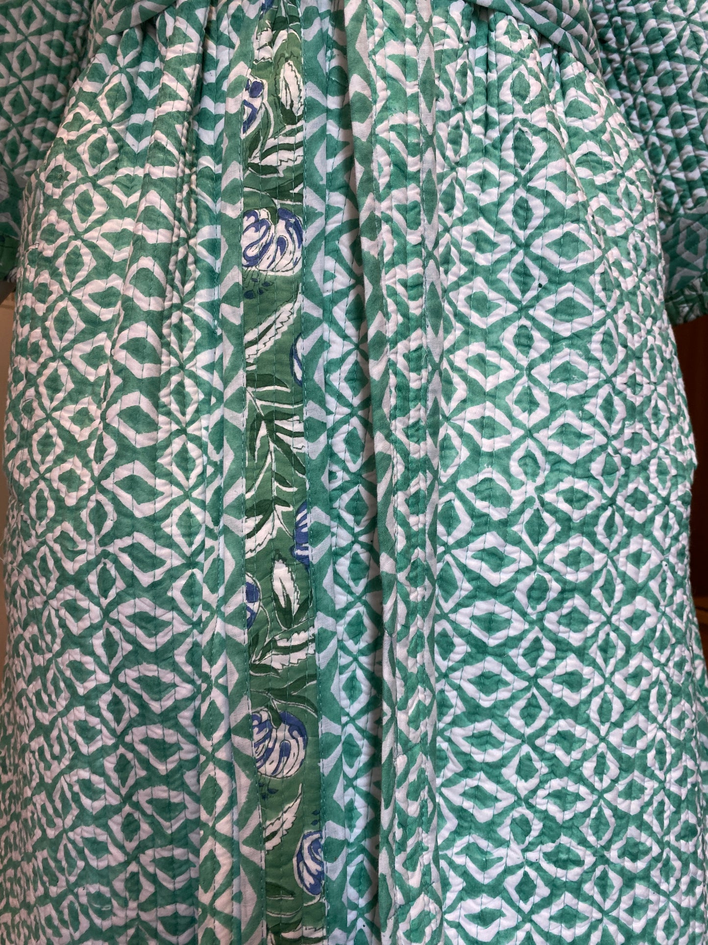 Green Pomegranate handblock print Reversible Quilted Kimono robe