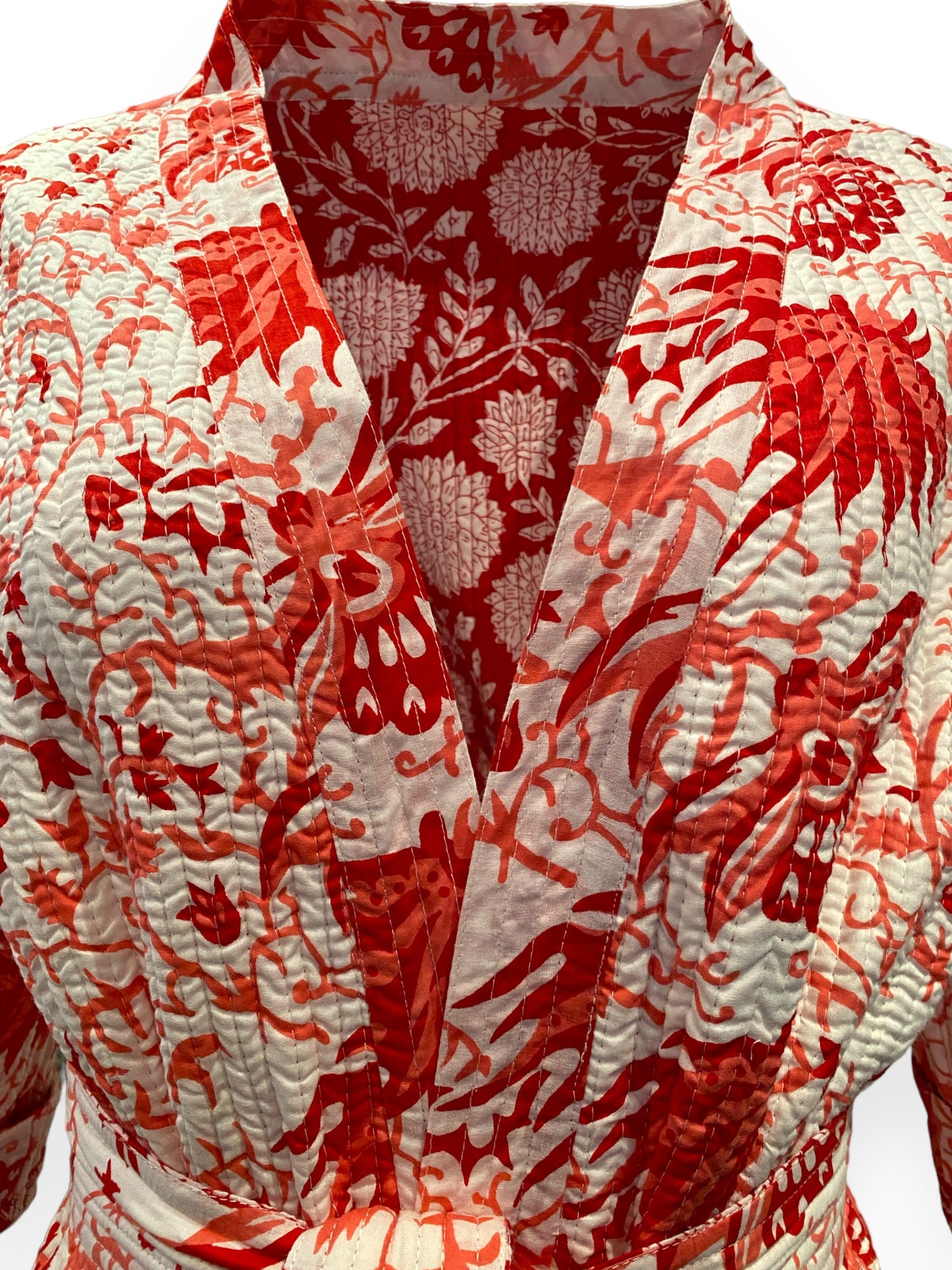 Red & white Phool handblock print Reversible Quilted Kimono robe
