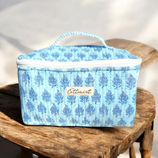 Ice Blue Booti Handblock printed cosmetic bag / Travel kit