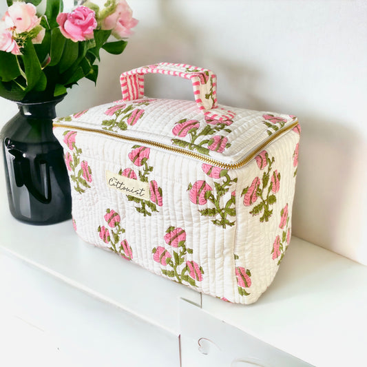 Pink blooms Handblock printed cosmetic bag / Travel kit
