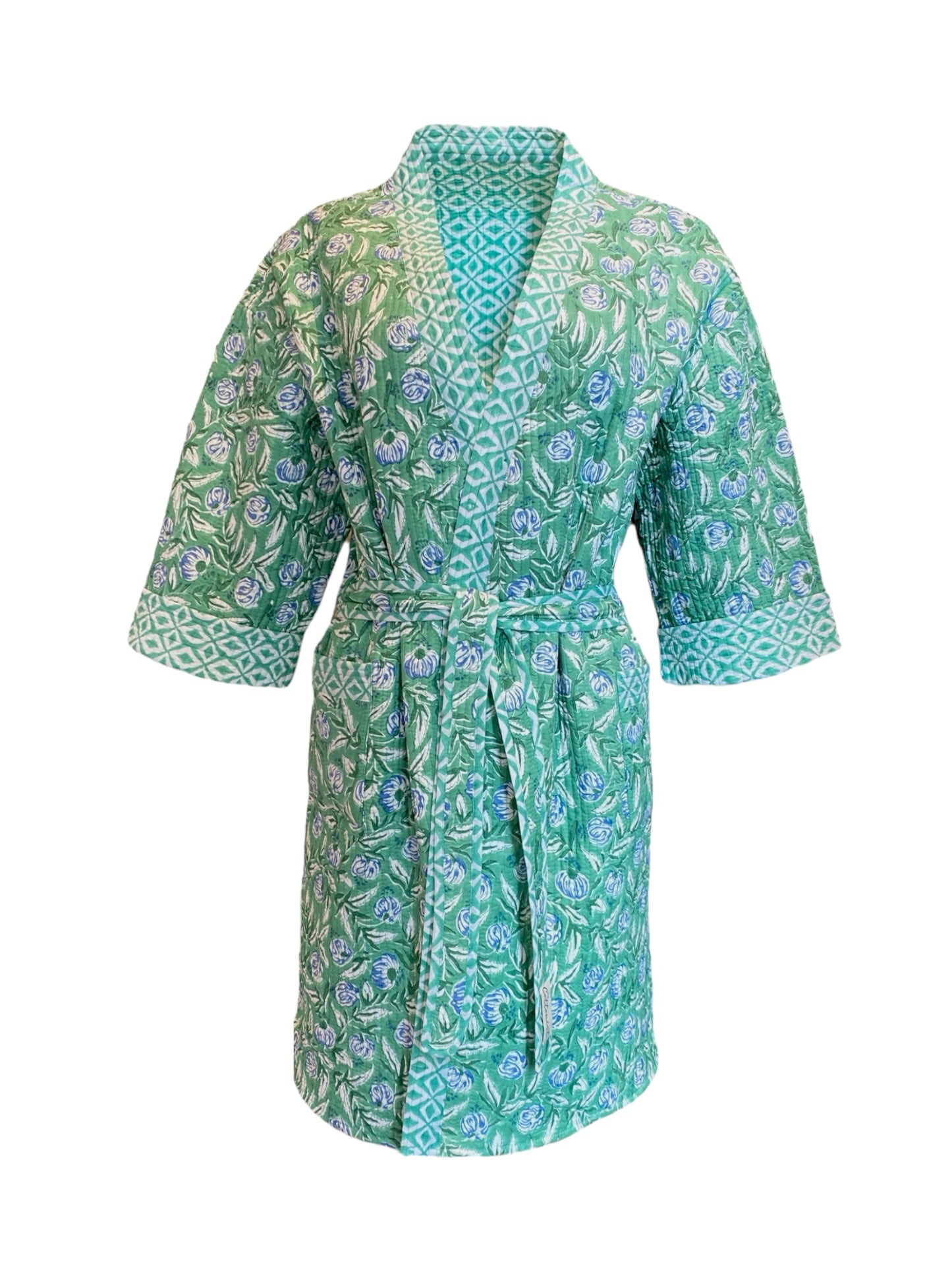 Green Pomegranate handblock print Reversible Quilted Kimono robe