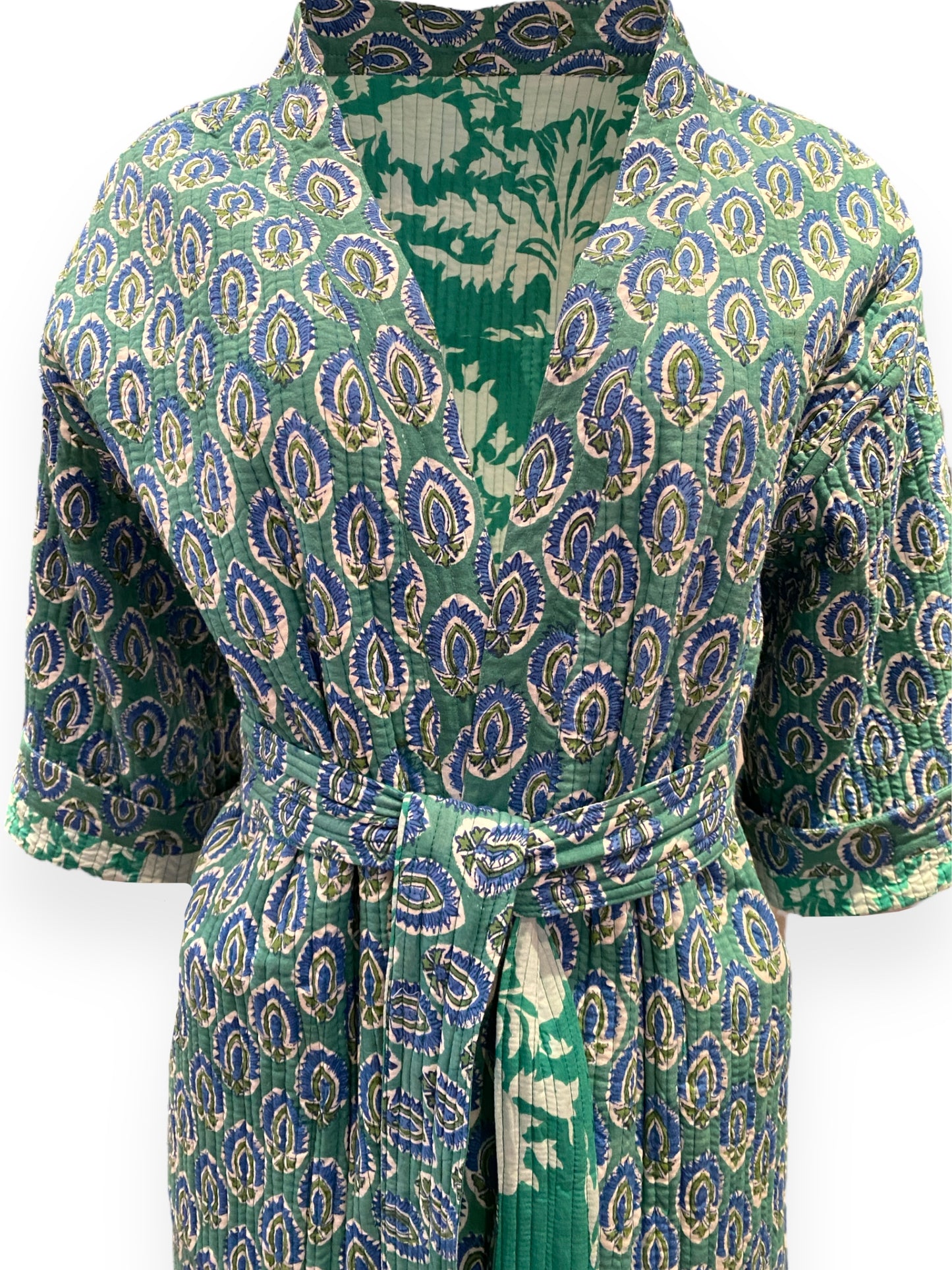 Turquoise Green Reversible Quilted Kimono robe