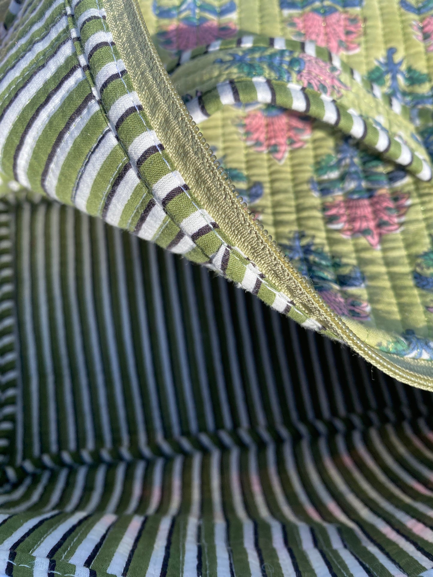 Moss green and Pink booti Handblock printed cosmetic bag / Travel Kit