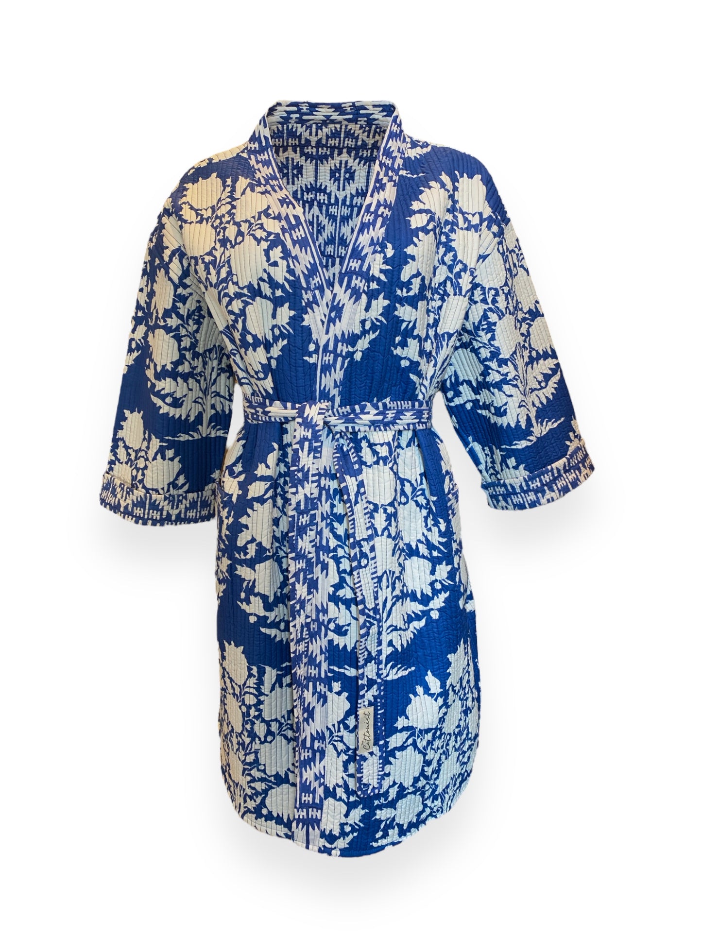 Neelam(Blue) booti/Ikat handblock print Reversible Quilted Kimono robe
