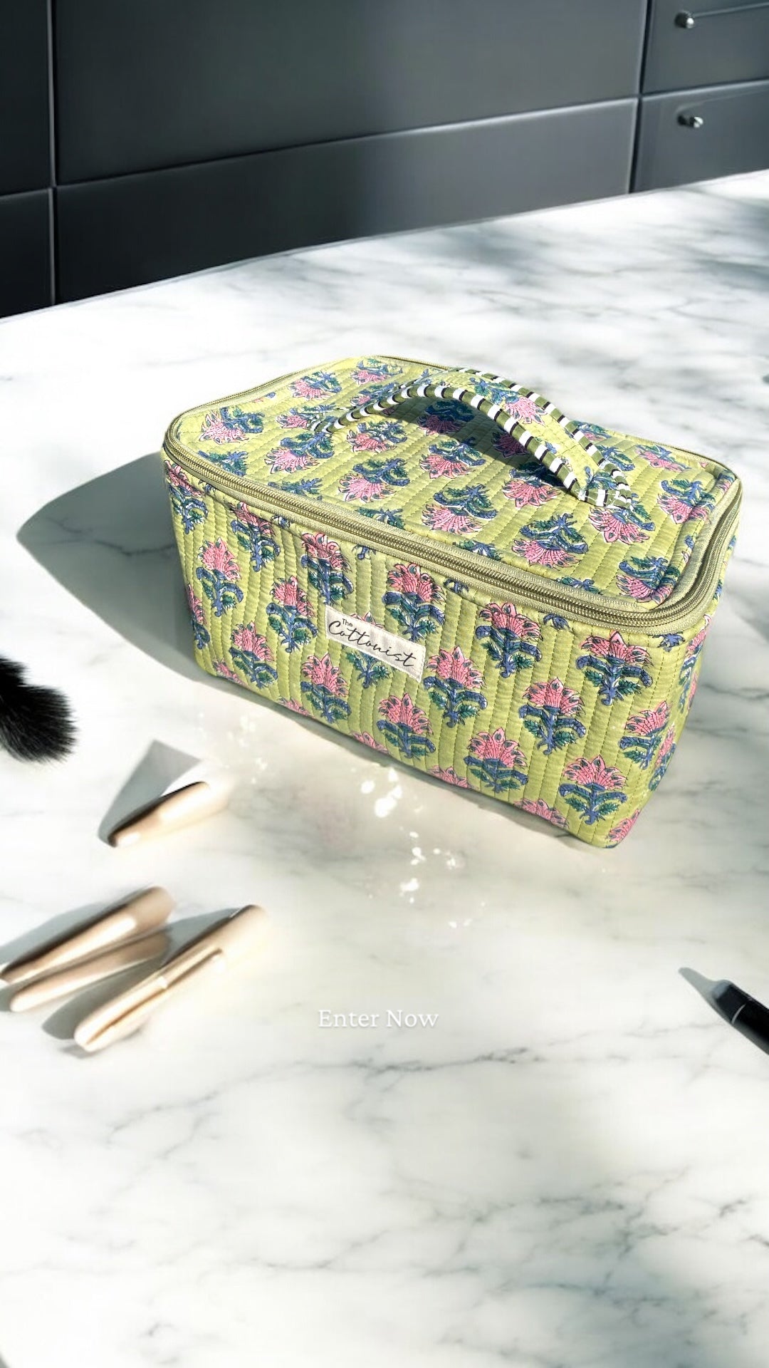 Moss green and Pink booti Handblock printed cosmetic bag / Travel Kit