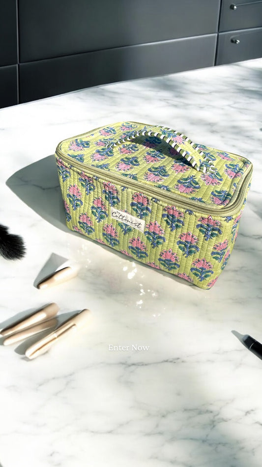 Moss green and Pink booti Handblock printed cosmetic bag / Travel Kit