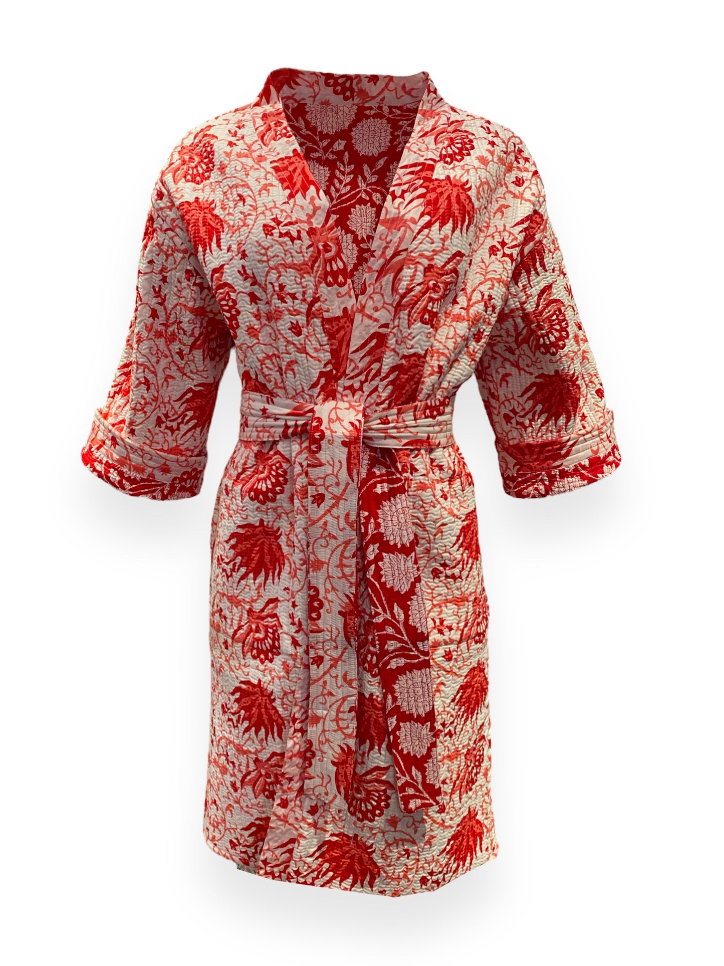 Red & white Phool handblock print Reversible Quilted Kimono robe