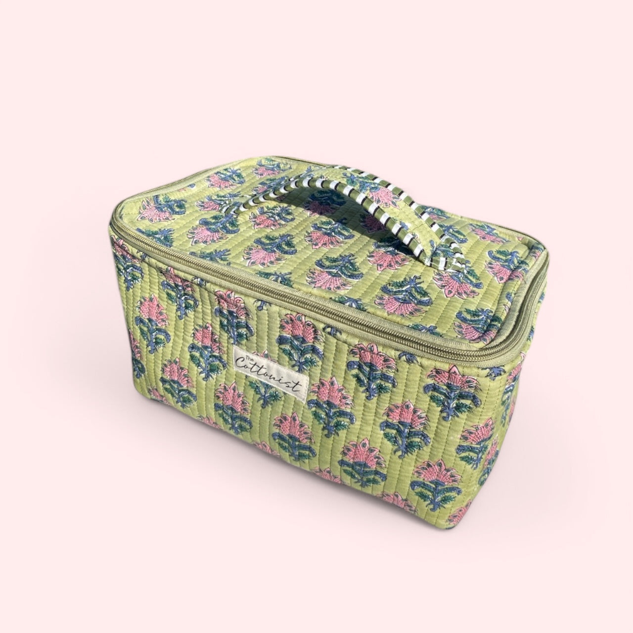 Moss green and Pink booti Handblock printed cosmetic bag / Travel Kit