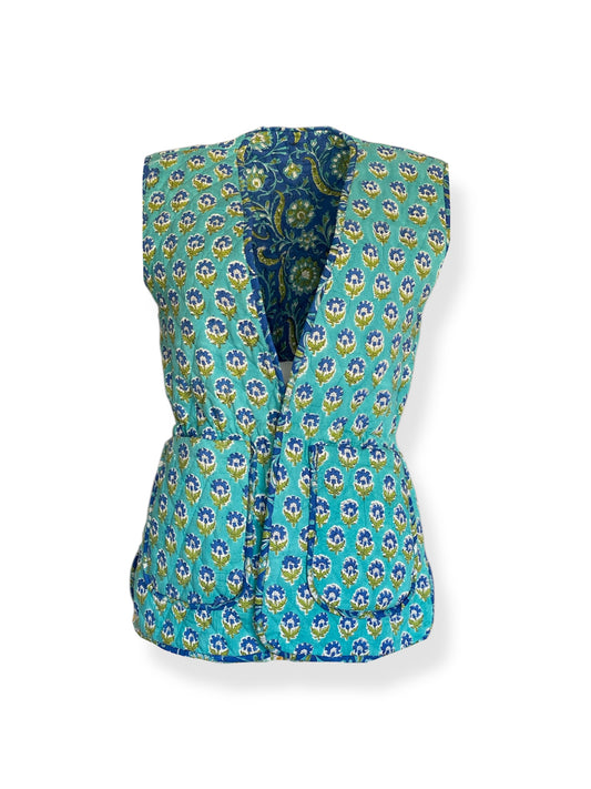 Turquoise Blue Bahaar Booti Reversible Quilted Gilet