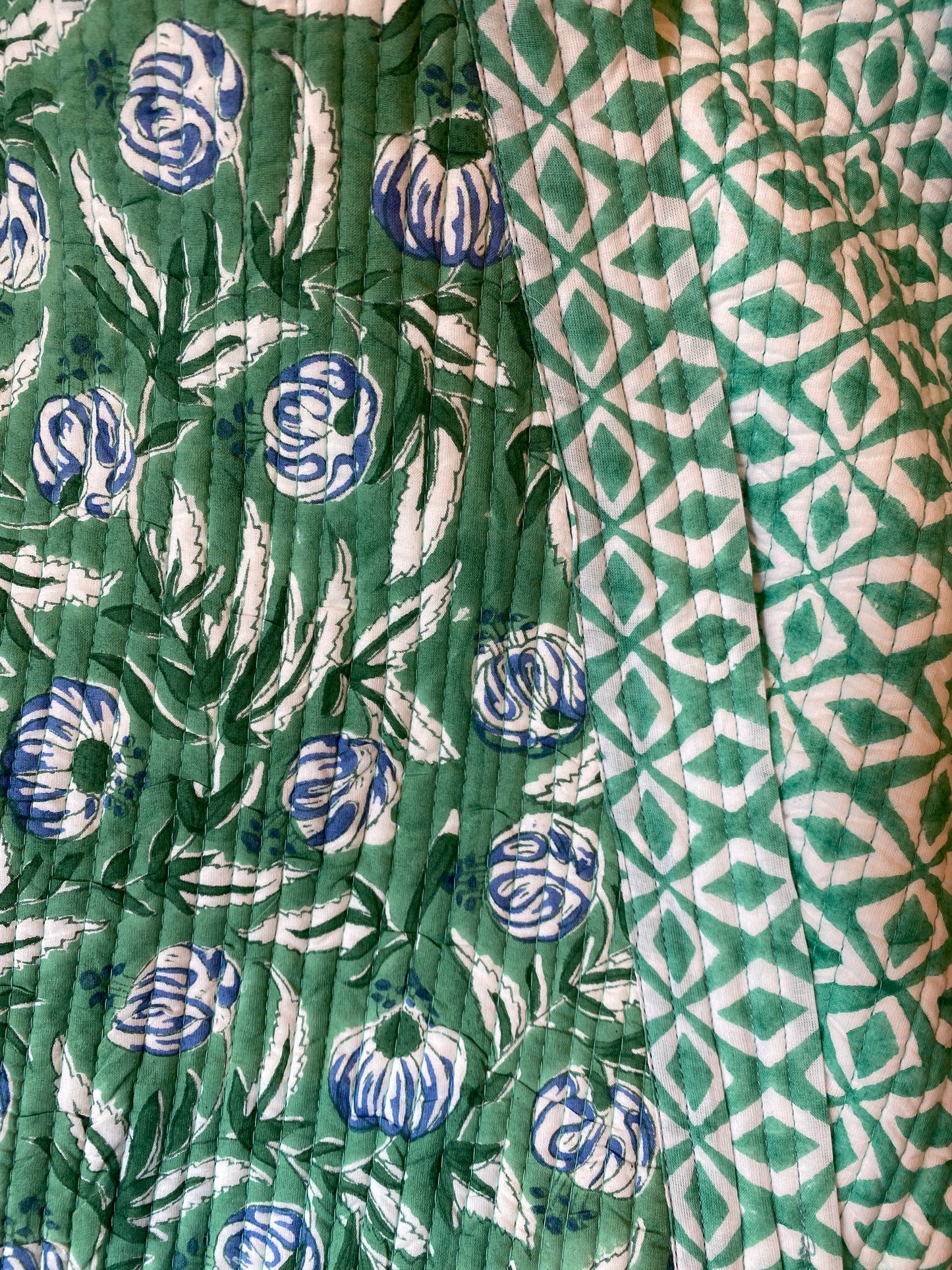 Green Pomegranate handblock print Reversible Quilted Kimono robe