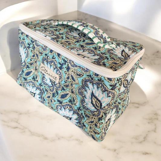 Sea Blue handblock print cosmetic bag