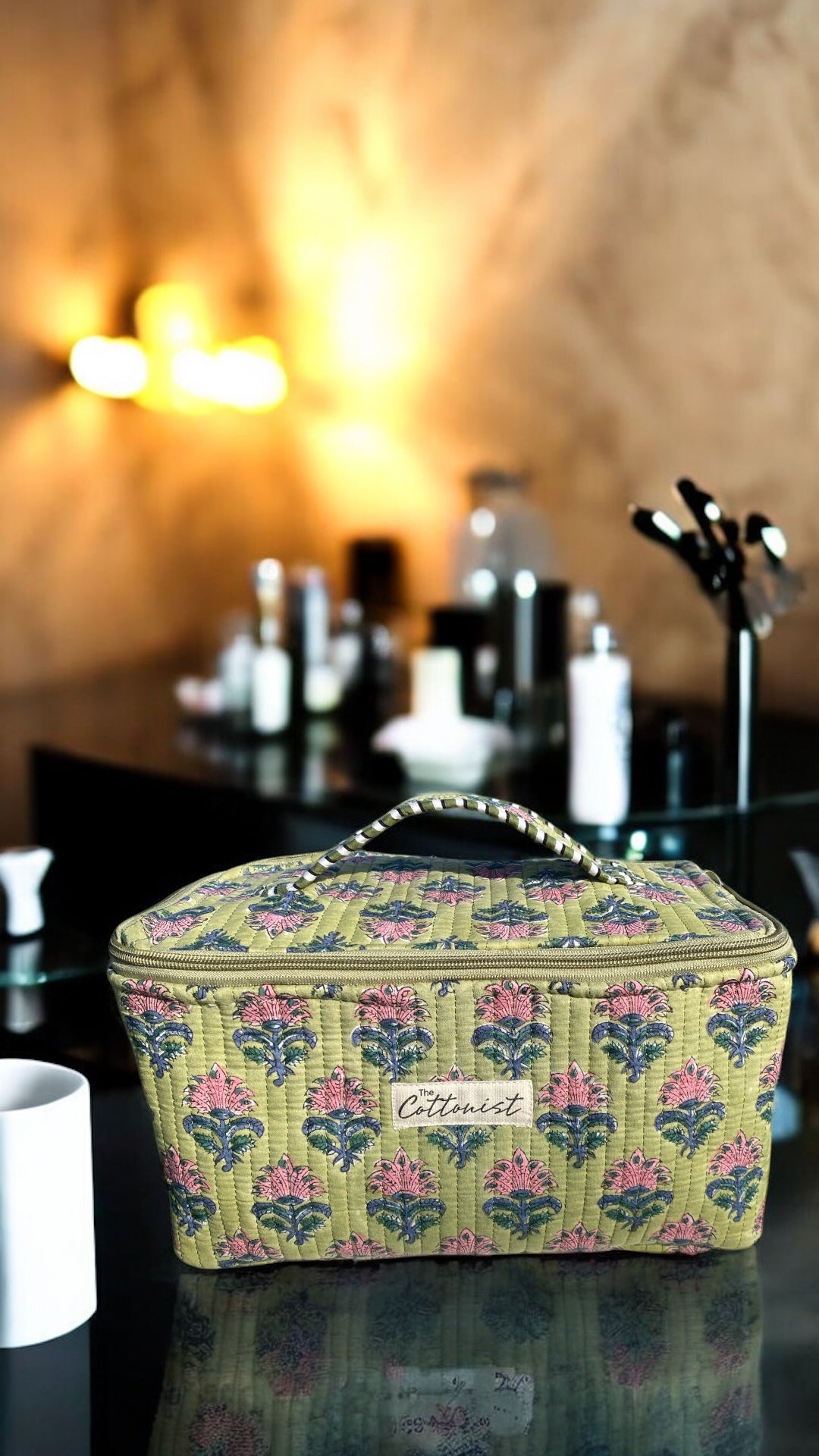 Moss green and Pink booti Handblock printed cosmetic bag / Travel Kit