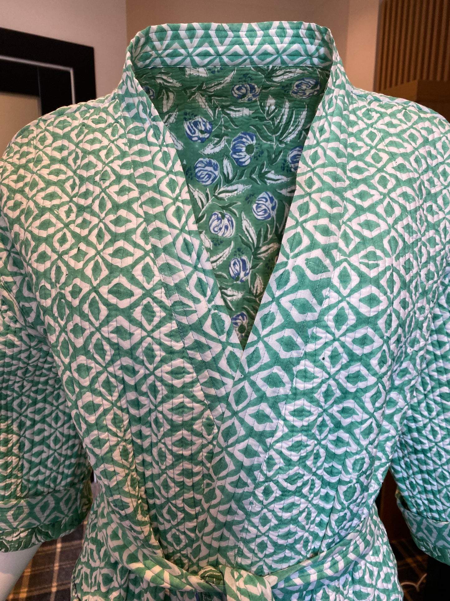 Green Pomegranate handblock print Reversible Quilted Kimono robe