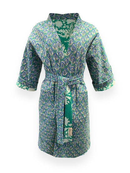 Turquoise Green Reversible Quilted Kimono robe