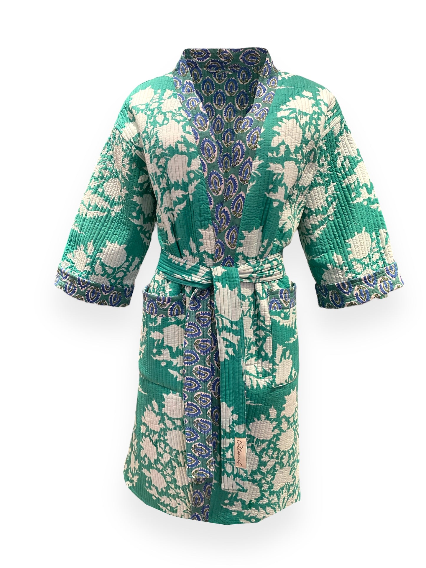 Turquoise Green Reversible Quilted Kimono robe