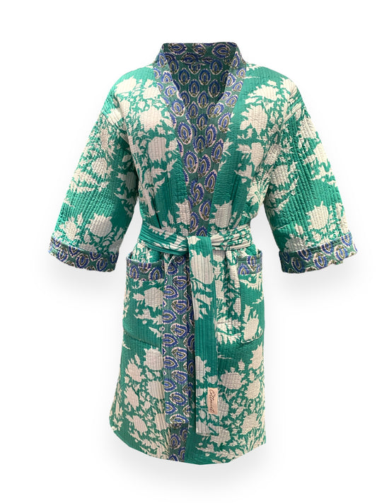 Turquoise Green Reversible Quilted Kimono robe