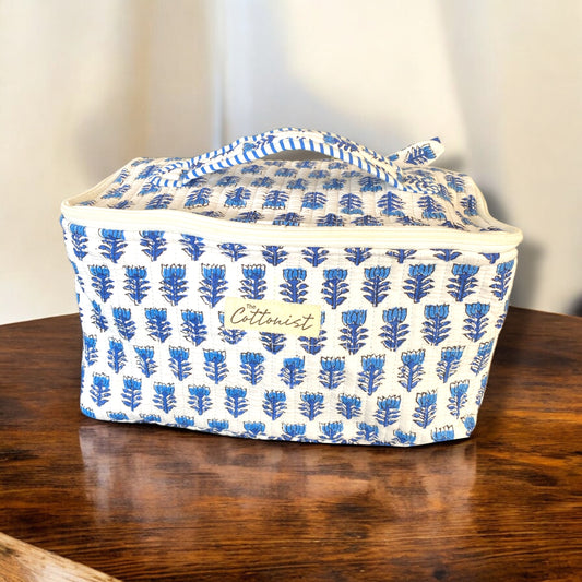 Blue Florals Handblock printed cosmetic bag /Travel kit