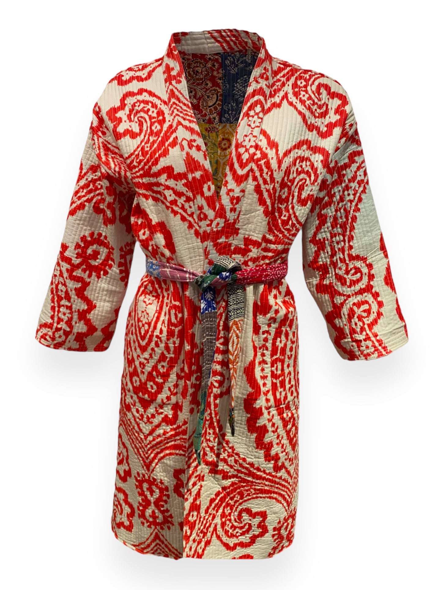 Scarlet Red Giant Paisley print Reversible quilted robe