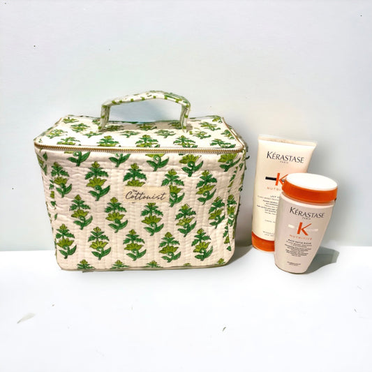 Green florals Handblock printed cosmetic bag \ Travel kit