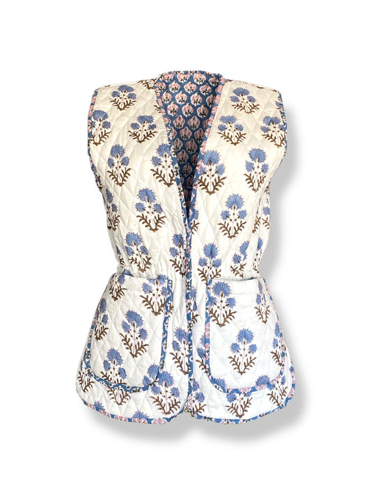Soft Cobalt Bahaar Booti Reversible Quilted Gilet