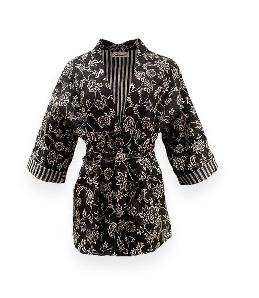 Black & White blooms handblock print short quilted jacket.