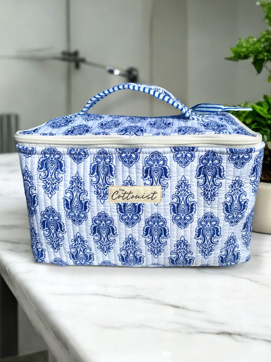 Blue and white boota Handblock printed cosmetic bag / Travel kit