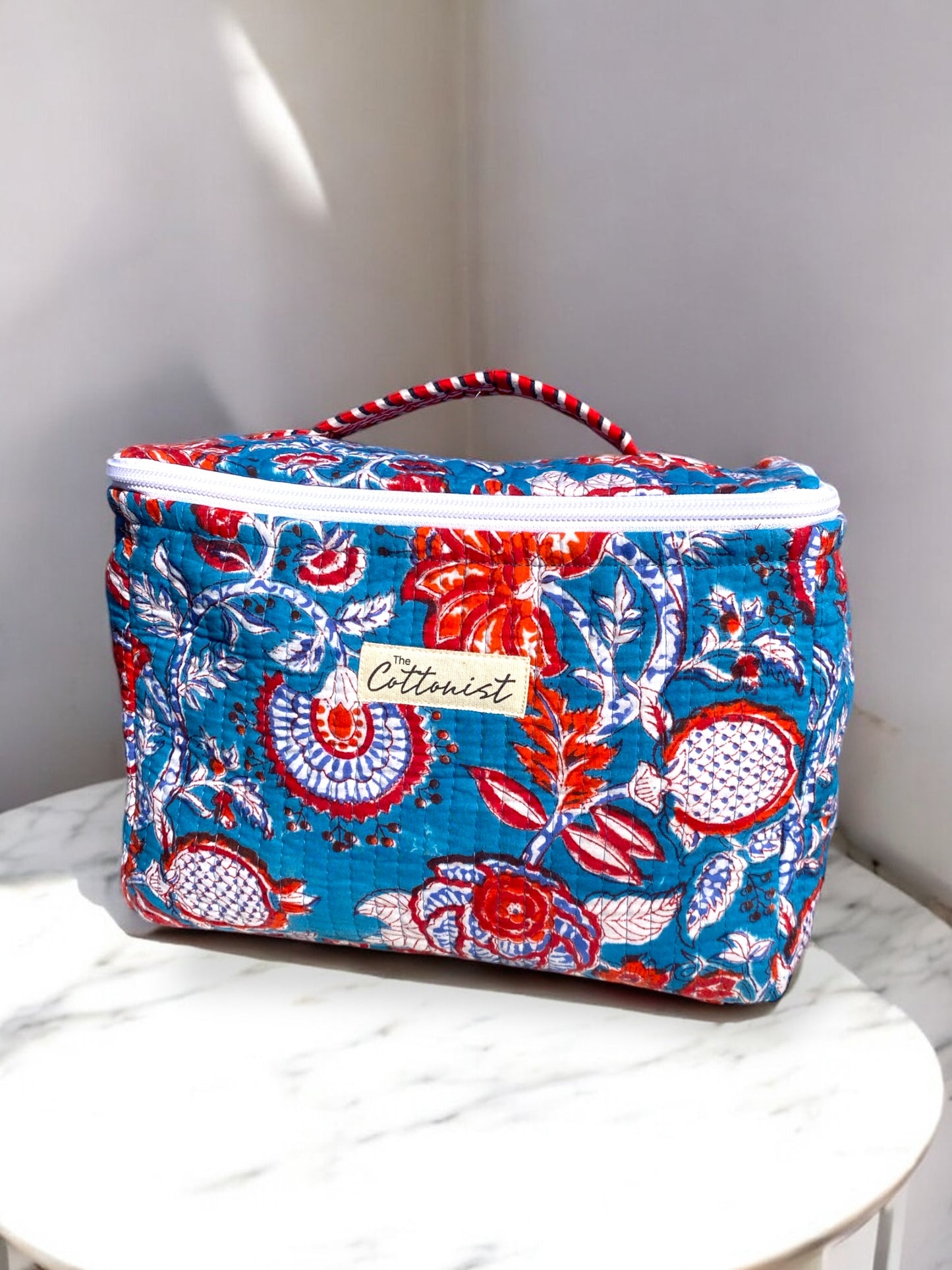 Azure Blue Blooms Handblock printed cosmetic bag / Travel kit