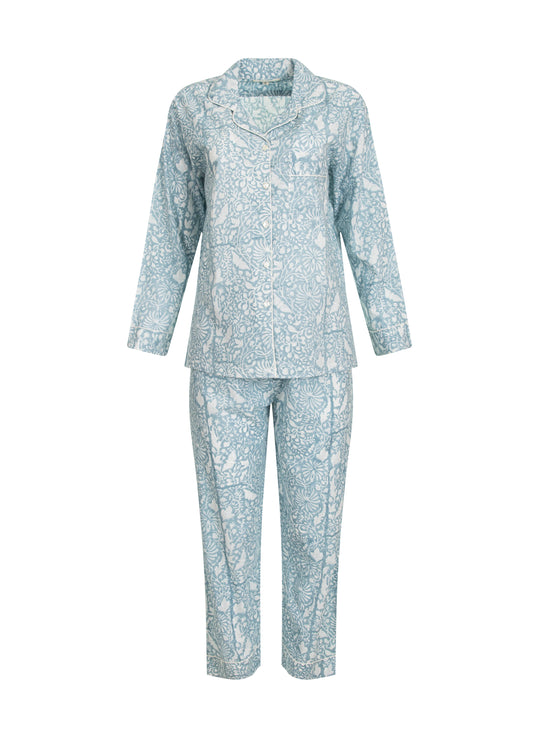 Powder Blue Floral Block Print Pyjama Set