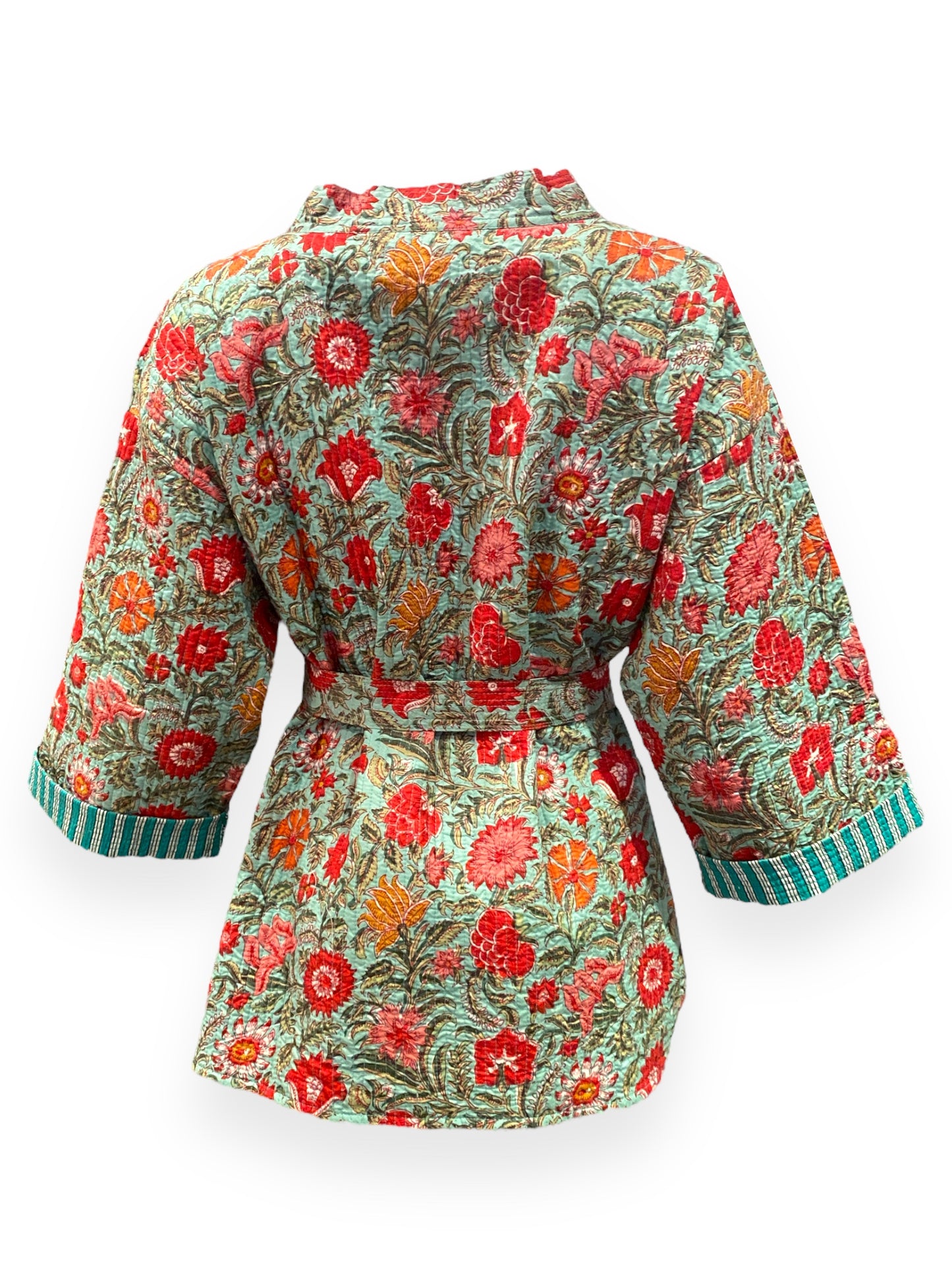 Sea green and red blooms handblock print short quilted jacket.