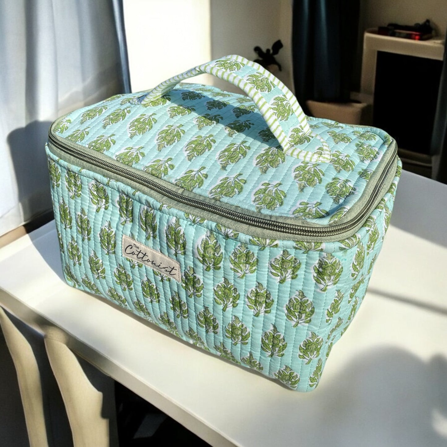 Mint Green Booti Handblock printed cosmetic bag \ Travel kit