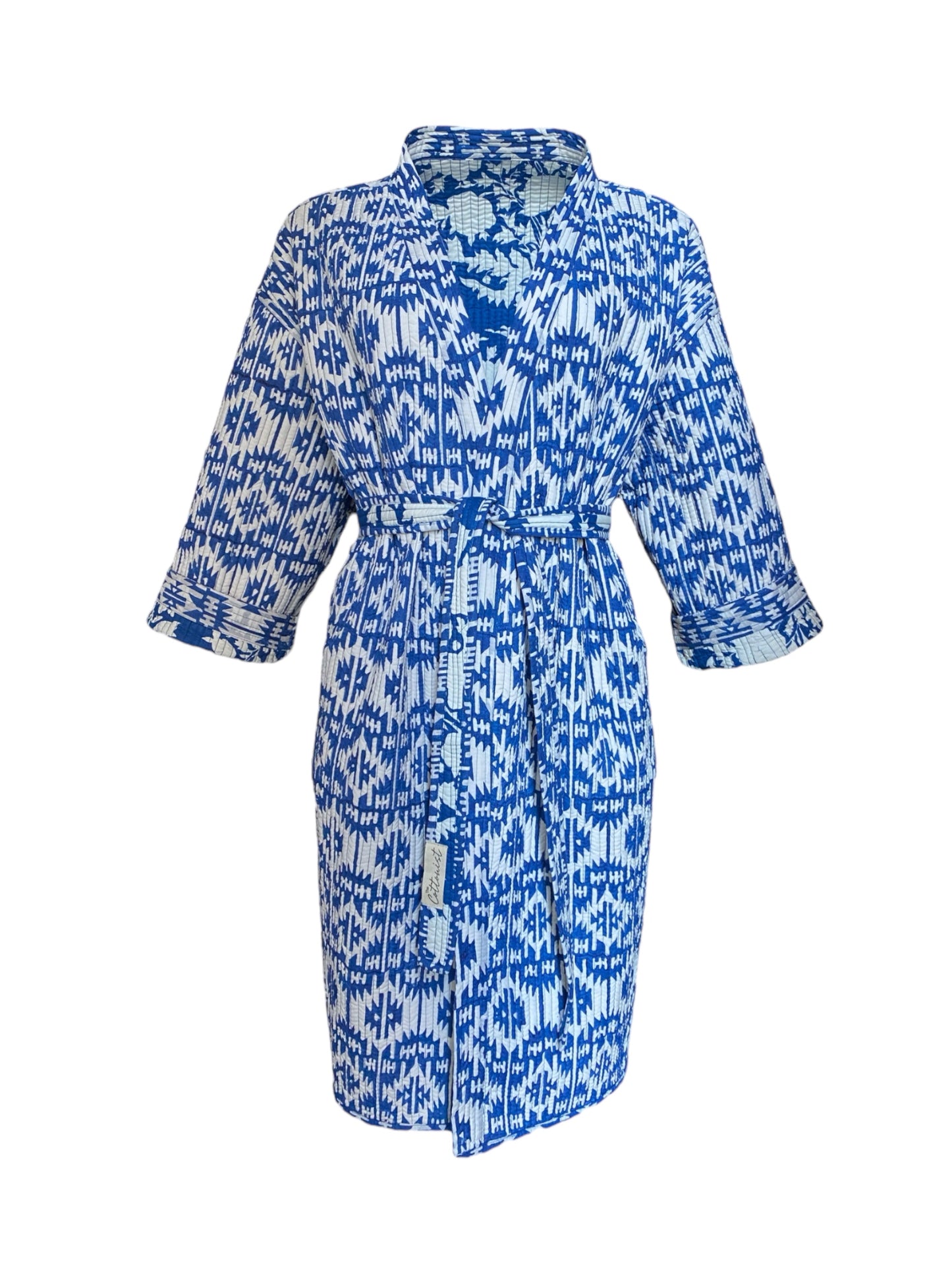 Neelam(Blue) booti/Ikat handblock print Reversible Quilted Kimono robe