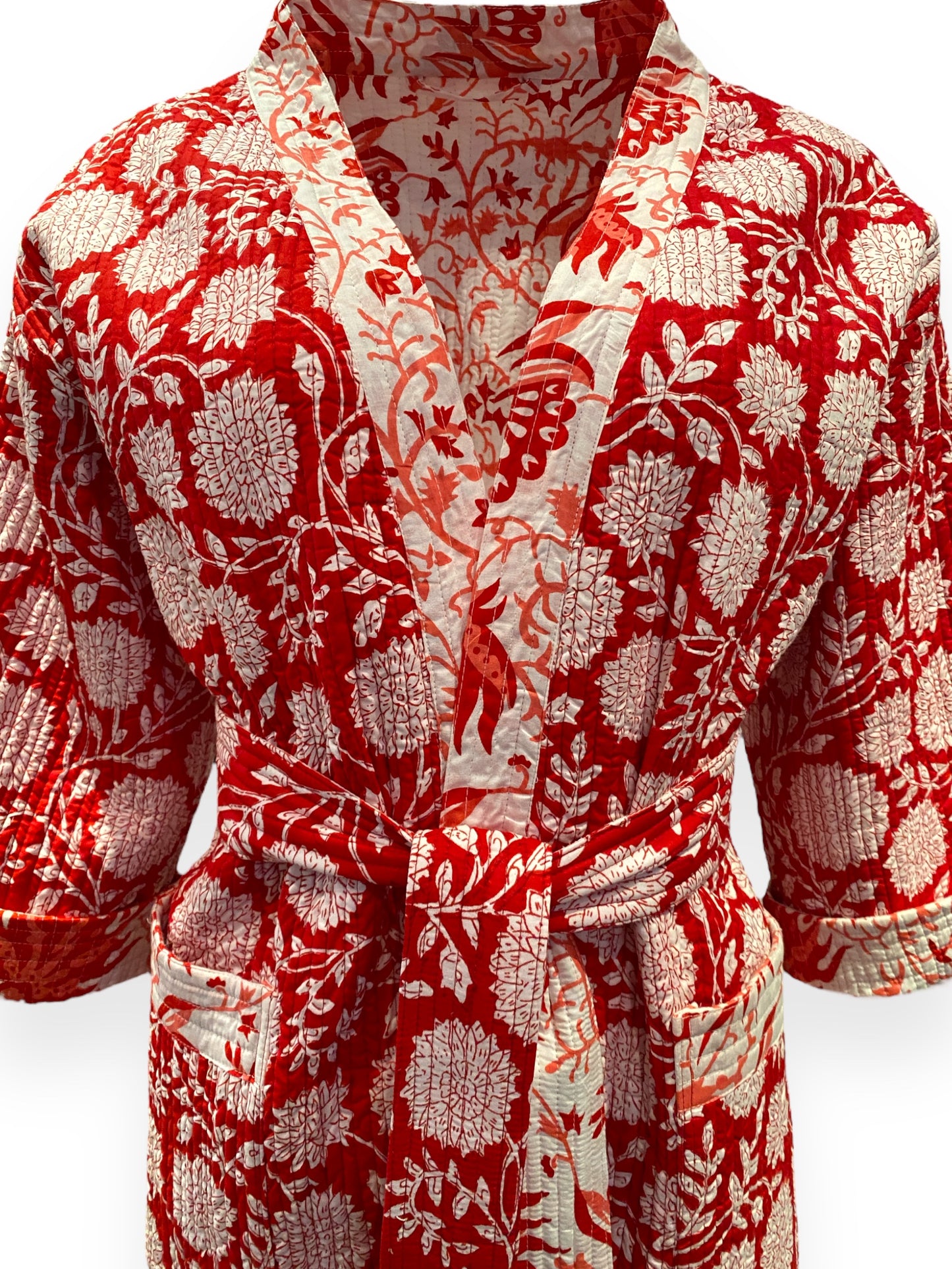 Red & white Phool handblock print Reversible Quilted Kimono robe