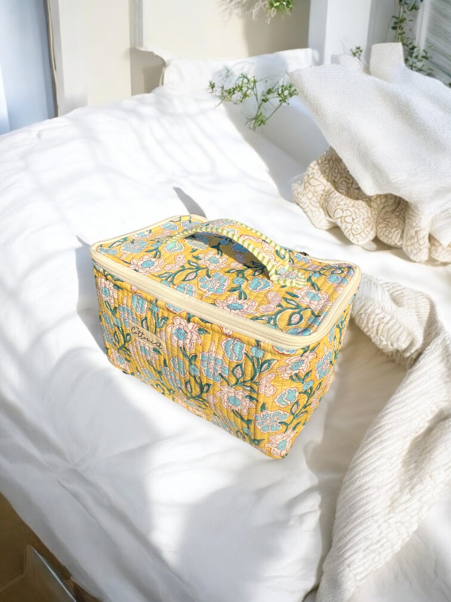 Lemon Blooms Handblock printed cosmetic bag / Travel kit
