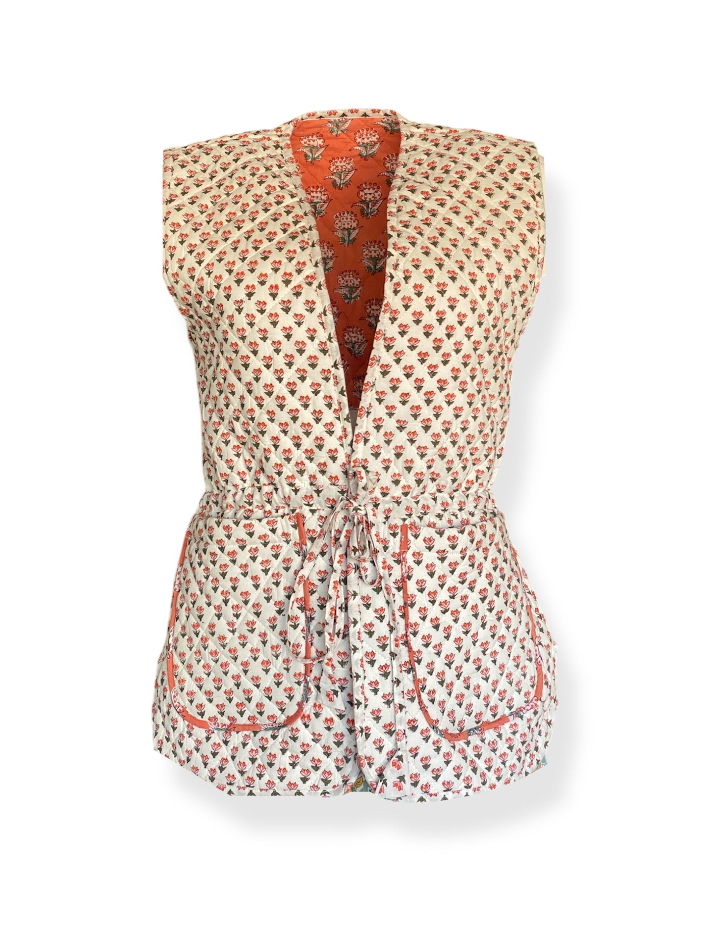 Coral Burst Bahaar Booti Reversible Quilted Gilet