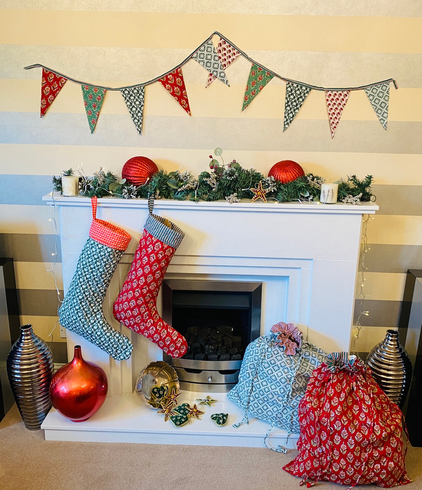 Upcycled Cotton handblock print Christmas bunting