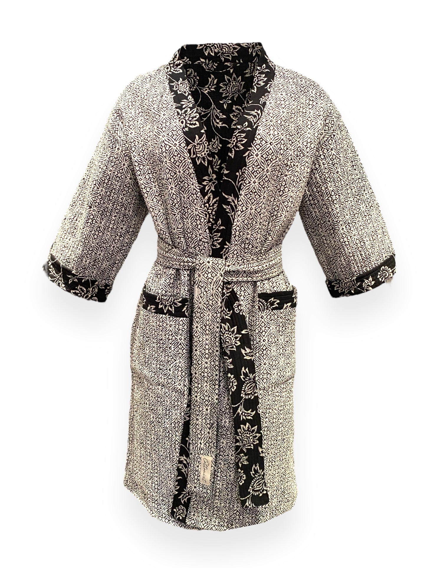 Black & White Chint handblock print Reversible Quilted Kimono robe