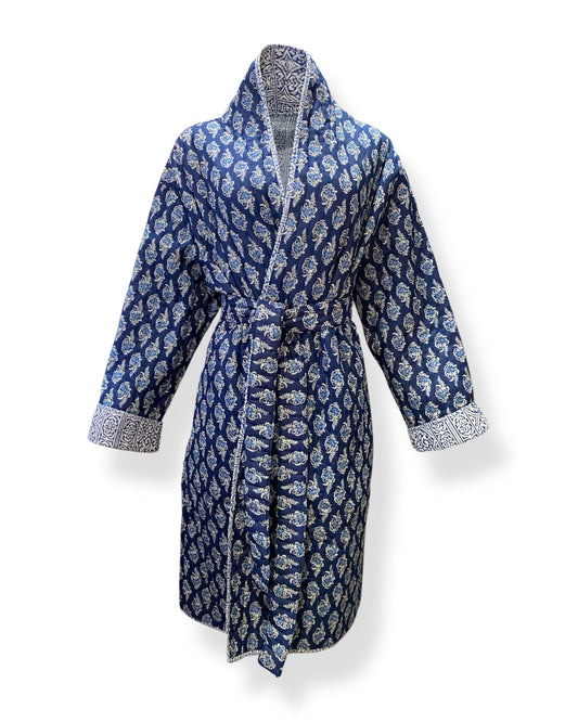 Blue Chint handblock print Reversible Quilted Kimono robe