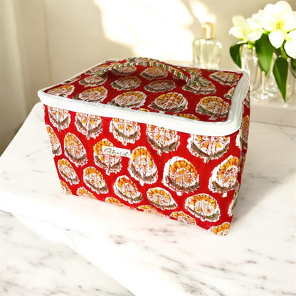 Christmas Red Handblock printed structured cosmetic bag / Travel kit