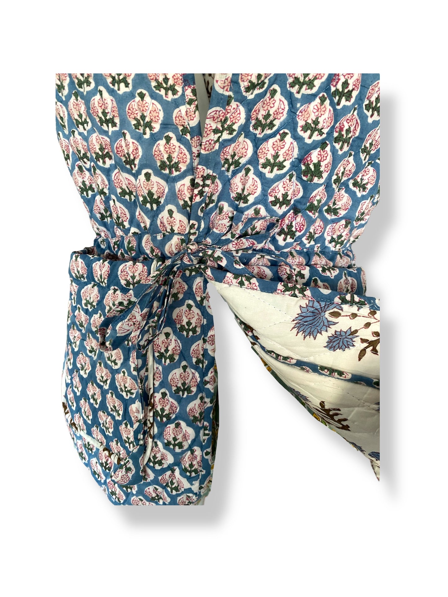 Soft Cobalt Bahaar Booti Reversible Quilted Gilet