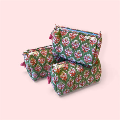 Forest Green & pink Booti handblock print cosmetic bags