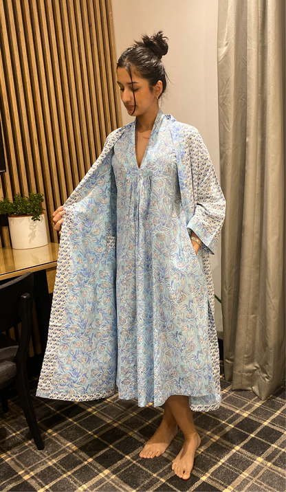 Ice Blue floral Reversible Cotton Robe/Kaftan