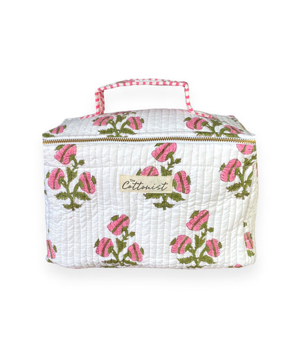 Pink blooms Handblock printed cosmetic bag / Travel kit