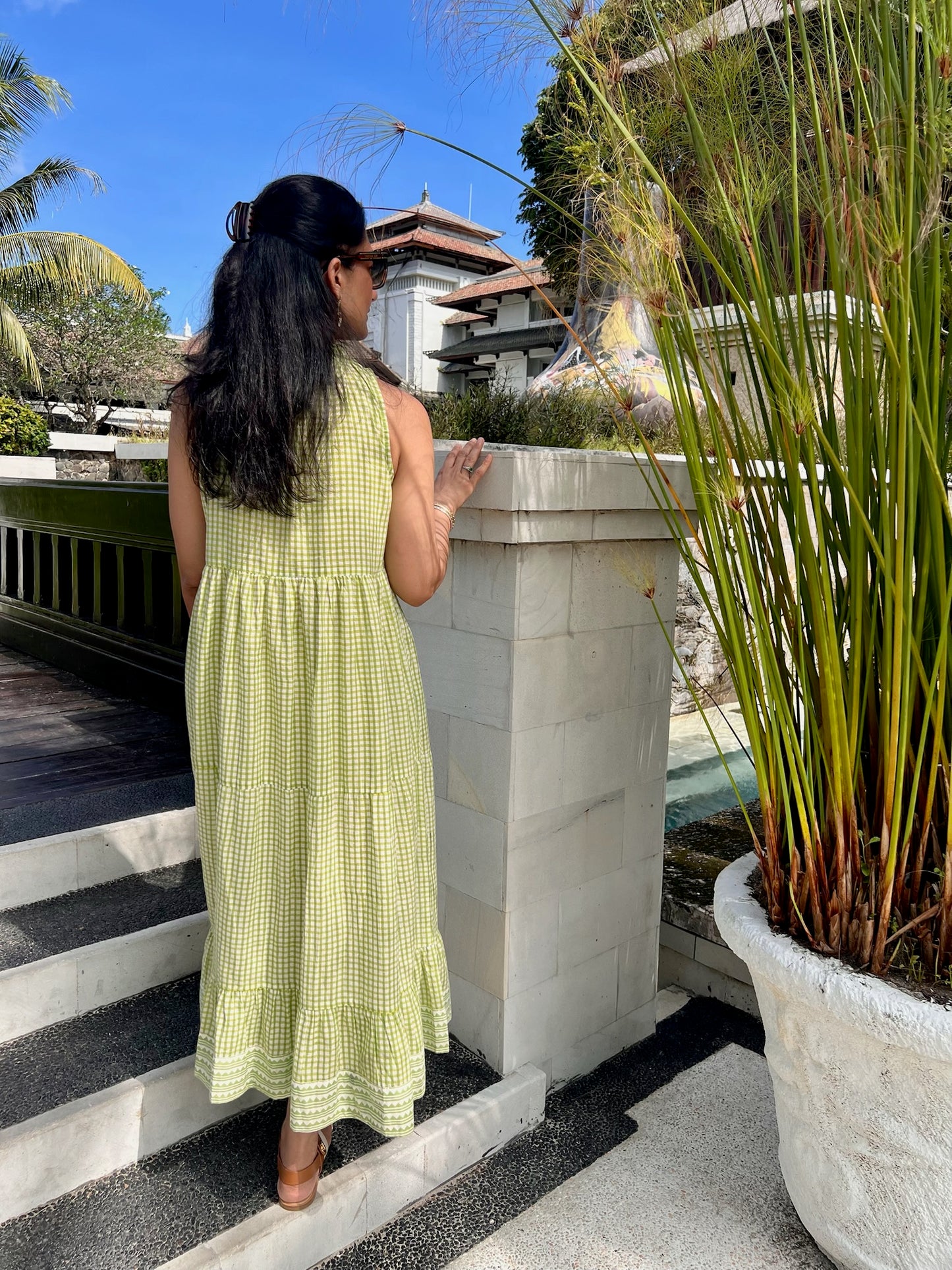 Lime Green Gingham Tiered Midi Dress