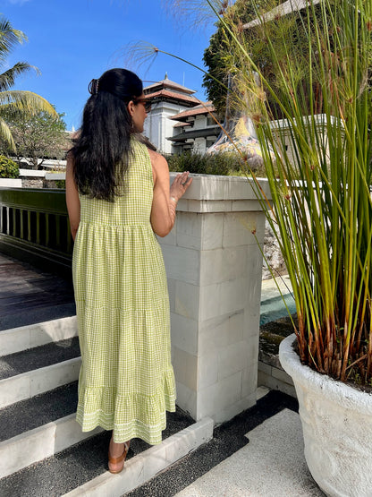 Lime Green Gingham Tiered Midi Dress
